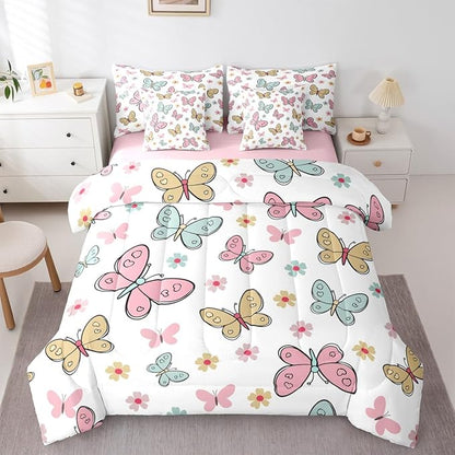 Feelyou Cute Butterfly 7 Piece Bedding Set Kawaii Flower Comforter Set with Sheets for Kids Boys Girls Pink Blue Yellow Bed in a Bag Nutrue Theme Bed Set Soft Lightweight