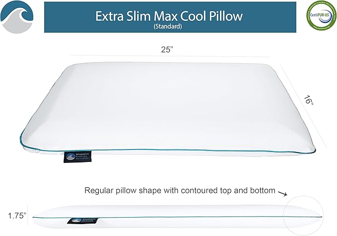 Bluewave Bedding Extra Slim Max Cool CarbonBlue Gel Memory Foam Pillow for Stomach and Back Sleepers - Thin, Flat Design with Advanced Cooling (1.75-Inch Height, Standard Size)