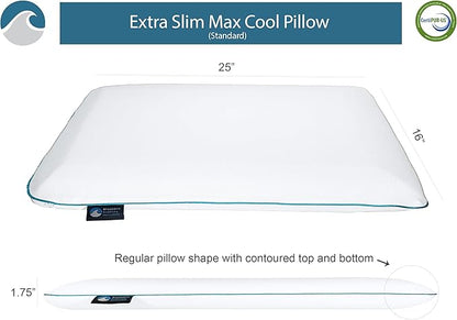 Bluewave Bedding Extra Slim Max Cool CarbonBlue Gel Memory Foam Pillow for Stomach and Back Sleepers - Thin, Flat Design with Advanced Cooling (1.75-Inch Height, Standard Size)
