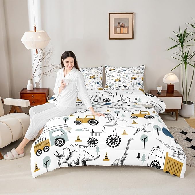 Feelyou Construction Comforter Set Queen Size Kids Cartoon Car Excavator Tractor Toddler Comforter Equipment Trucks Dinosaur Comforter Set Construction Vehicles White Yellow Duvet Set Quilt Set
