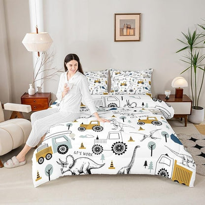 Feelyou Construction Comforter Set Twin Kids Cartoon Car Excavator Tractor Toddler Comforter Equipment Trucks Dinosaur Comforter Set Construction Vehicles White Yellow Duvet Set with 1 Pillow Case