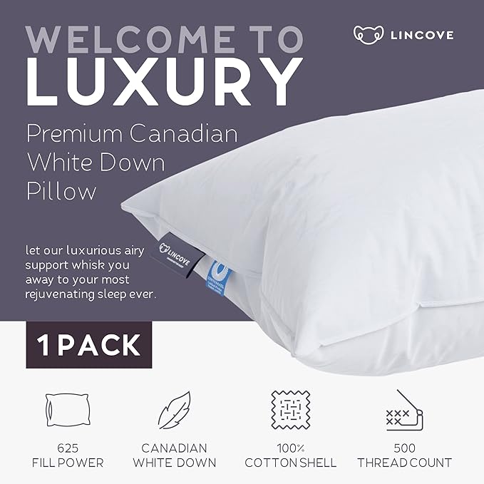 Lincove Cloud Natural Canadian Down Pillow, White Luxury Sleeping Pillow - 625 Fill Power, 500 Thread Count Cotton Shell, Made in Canada, Standard - Firm, 1 Pack