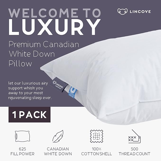 Lincove Cloud Natural Canadian Down and Waterfowl Feather Pillow, White Luxury Sleeping Pillow - 625 Fill Power, 500 Thread Count Cotton Shell, Made in Canada, Standard - Soft, 1 Pack