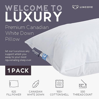 Lincove Cloud Natural Canadian Down and Waterfowl Feather Pillow, White Luxury Sleeping Pillow - 625 Fill Power, 500 Thread Count Cotton Shell, Made in Canada, Standard - Soft, 1 Pack