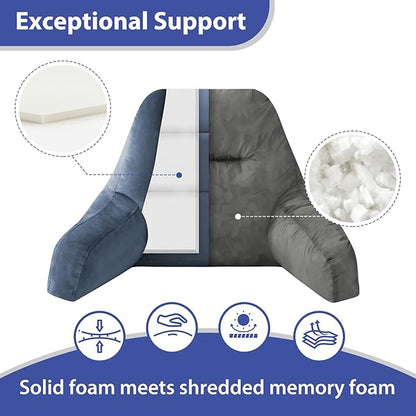 Reading Pillows for Sitting in Bed Adult, Back Pillow for Bed Sitting Up, Backrest Pillows with Shredded Foam for Adult&Teens, Support Pillow with Arms for Beds, Couch, Floor, 18in, Navy Blue