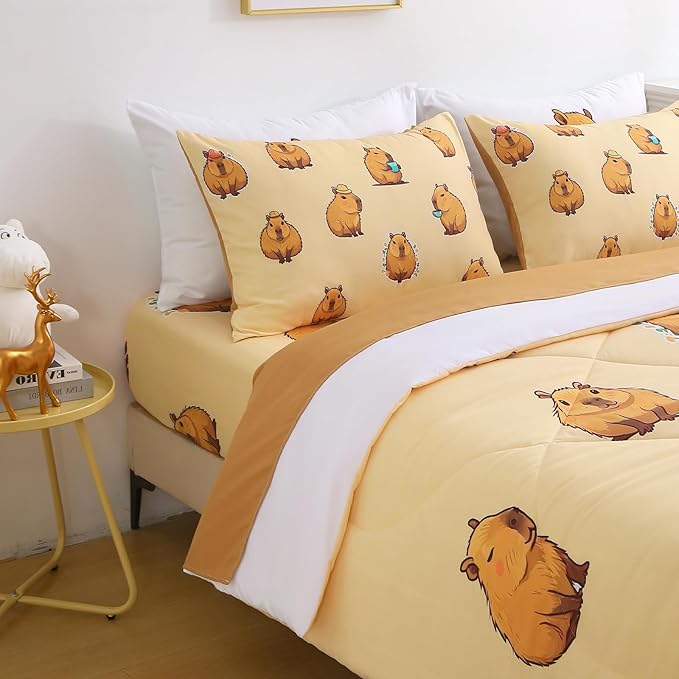 Wajade Capybara Comforter Set 7 Piece Cute Brown Animal Bedding Set Capybara for Boys Girls Room Decoration Full Size with Sheet and 2 Pillowcases 2 Pillow Shams Cute Bed in a Bag as Birthday Gift