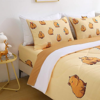 Wajade Capybara Comforter Set 7 Piece Cute Brown Animal Bedding Set Capybara for Boys Girls Room Decoration Full Size with Sheet and 2 Pillowcases 2 Pillow Shams Cute Bed in a Bag as Birthday Gift
