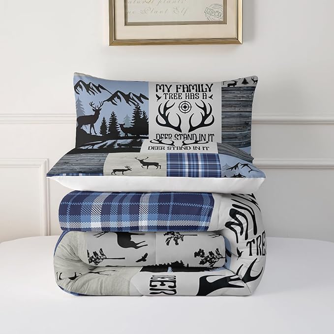 Snowy Forest Deer Comforter Set Queen Size, 3-Piece Blue Vintage Animal Plaid Bedding Set for Kids Adults Bedroom, Hunting Wildlife Deer Tree Bedding Set with 2 Pillowcases & 2 Shams