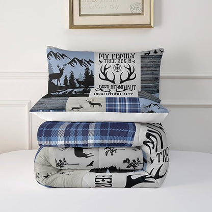 Snowy Forest Deer Comforter Set Queen Size, 3-Piece Blue Vintage Animal Plaid Bedding Set for Kids Adults Bedroom, Hunting Wildlife Deer Tree Bedding Set with 2 Pillowcases & 2 Shams