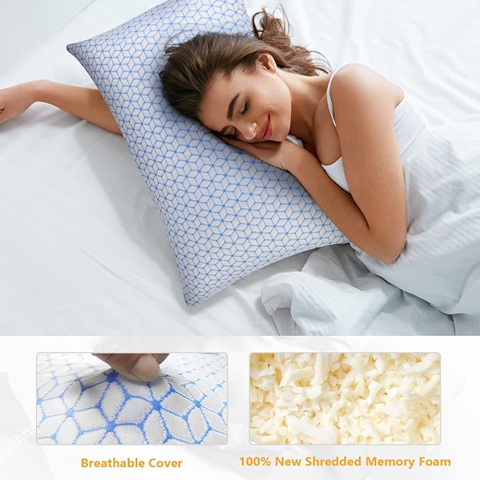 Firm Pillows Standard Size for Bed Shredded Memory Foam Pillows Adjustable, Cooling Pillow Soft and Supportive for Side Back Stomach Sleepers
