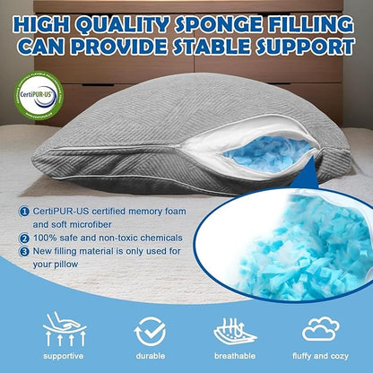 Pillows Queen Size Set of 2 - Shredded Memory Foam Cold Pillow That Stay Cold Adjustable Pillows for Sleeping Double-Sided Pillowcase
