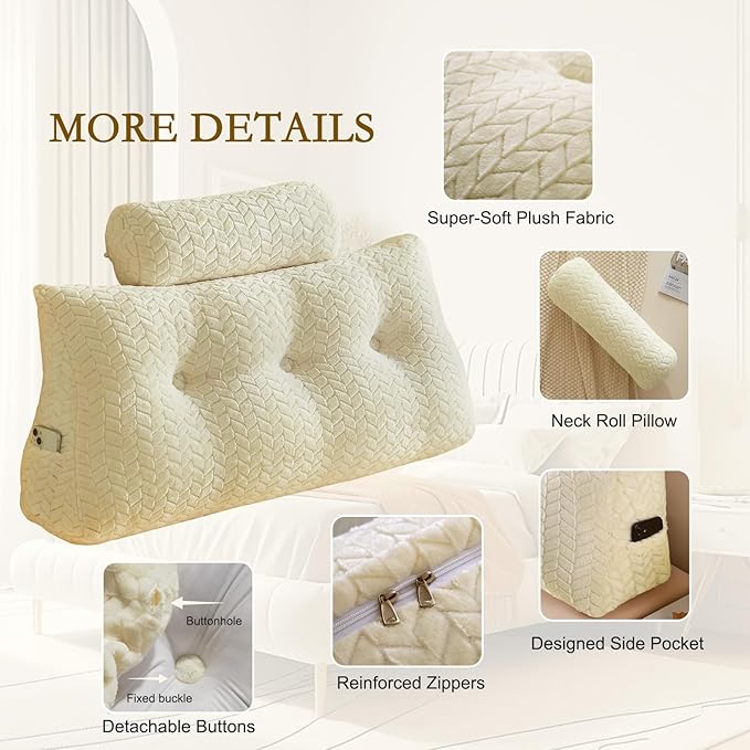 YOUR MOON Wedge Headboard Pillow Twin with 1 Pack Neck Roll Pillows, Triangular Wedge Backrest Pillow Headboard for Bed,Daybed,and Lounging, Large Bed Bolster Pillows,Off White