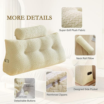 YOUR MOON Wedge Headboard Pillow Twin with 1 Pack Neck Roll Pillows, Triangular Wedge Backrest Pillow Headboard for Bed,Daybed,and Lounging, Large Bed Bolster Pillows,Off White