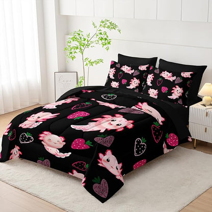 Cute Axolotl Comforter Set,Bed in a Bag Queen Size 7 Pieces,Marine Life Themed Bed Set for Kids Girls Toddler,7Pcs Bedding Set with Comforter,Fitted Sheet,Flat Sheet,Pillowcases.