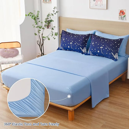 Menghomeus Queen Size Comforter Set for Boys Girls 7 Pieces Bed in A Bag Ombre Blue Rainbow Bedding Set Dandelion Butterfly Print Kids Teen Bedding Collections