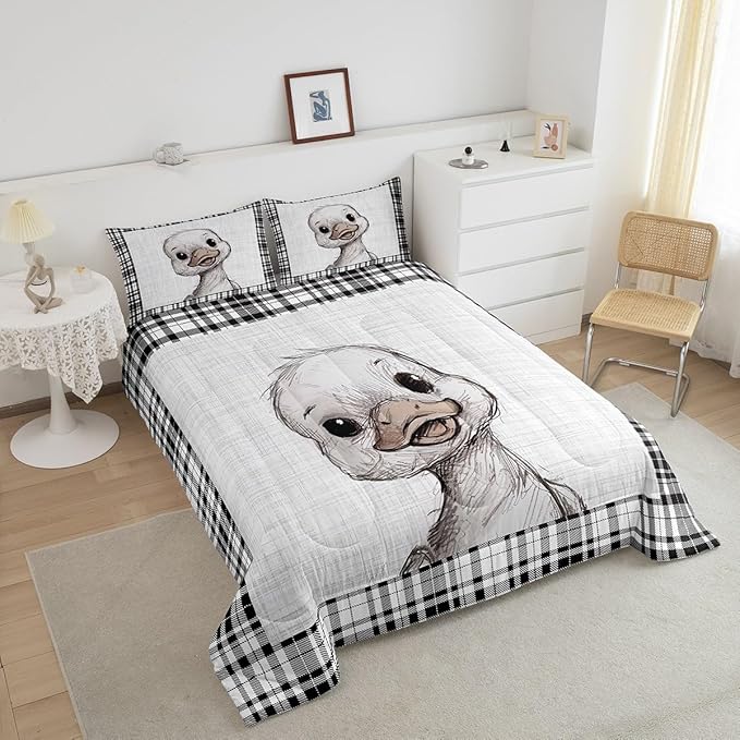 Teens Cute Duck Pattern Comforter Set Queen Size,Black White Grid Stripes Bedding Set for Kids Boys Girls Bedroom Decoration,Lovely Animal Bed Duvet Insert,Duck Pattern Comforter with 2 Pillowcases