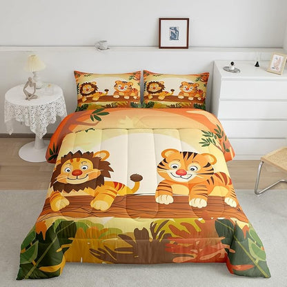 Lion Tiger Comforter Set King Size for Kids Cartoon Wild Animal Bedding Sets All Season Nature Tropical Jungle Quilt Set Bedroom Decor Cute Wildlife Down Comforter,3Pcs