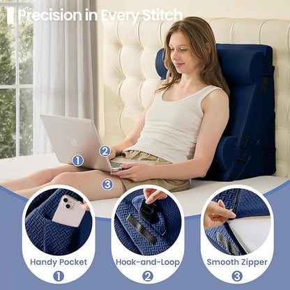 Sasttie Wedge Pillow Set for After Surgery, 3PCS Adjustable Bed Wedge Pillow Headboard with Memory Foam Neck Cushion – for Acid Reflux, Sleeping, Neck & Back Support, Navy