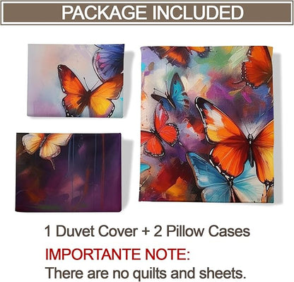 Colorful Butterfly Duvet Cover Queen Size, Oil Painting Butterfly Bedding Set 3 Piece Bedroom Decor Graffiti Art Comforter Cover and 2 Pillow Sham with Zipper Closure