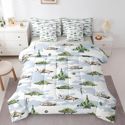 Feelyou Army Military 7 Piece Bedding Set Camouflage Print Comforter Set with Sheets for Kids Boys Girls Tank Aircraft Bed in a Bag Army Green Bed Set Soft Lightweight