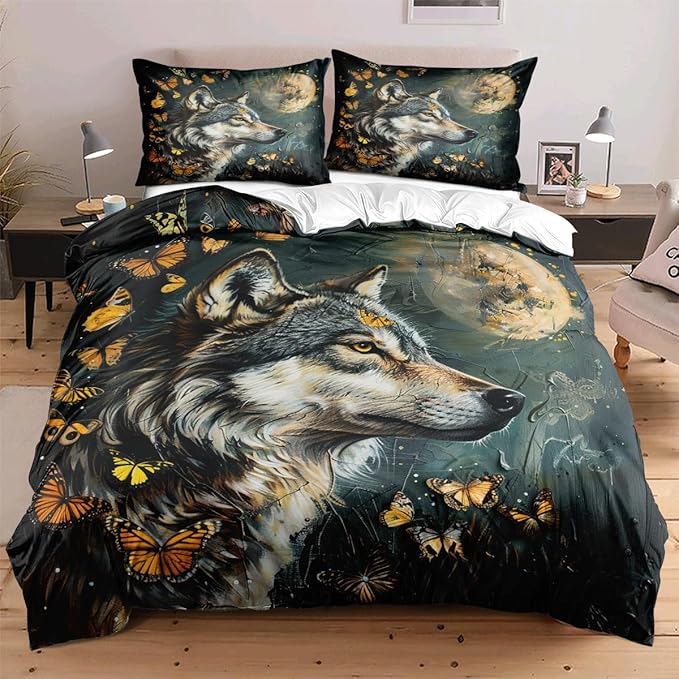 Duvet Cover Full Wolf Butterflies Pattern Bedding Set for Boys Kids Room Decor 3 Pcs Natural Theme Bed Cover Cooling Comforter Cover Moon Quilts Cover,Full