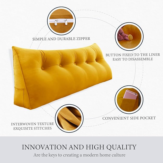 Headboard Wedge Pillow Large Reading Pillow Full Size Bed Rest Back Support Pillow for Sitting up in Bed Daybed Couch Backrest Cushion Velvet Mustard Yellow