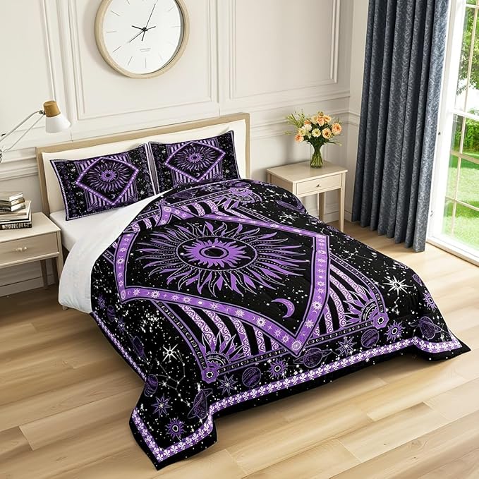 Burning Sun Full Size Comforter Set Purple Constellation Bedding Set for Kids Adults Teens Sun Moon Star Planet Comforter Luxury Hippie Mandala Quilt Set Room Decor 3Pcs
