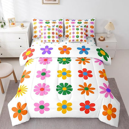 Feelyou Cute Flower 7 Piece Bedding Set King Size Colorful Flower Comforter Set with Sheets for Kids Boys Girls White Colorful Bed in a Bag Kawaii Theme Bed Set