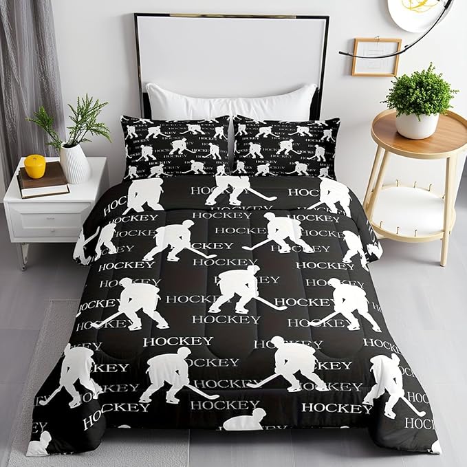 Hockey Sports Event King Size Comforter Set,Kids Gray Hockey Player Decor All Season Bedding Set,Teens Sports Game Comforter,Hockey Lover Decor Quilt Set Bedroom Collection 3Pcs