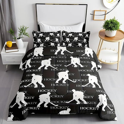 Hockey Sports Event King Size Comforter Set,Kids Gray Hockey Player Decor All Season Bedding Set,Teens Sports Game Comforter,Hockey Lover Decor Quilt Set Bedroom Collection 3Pcs