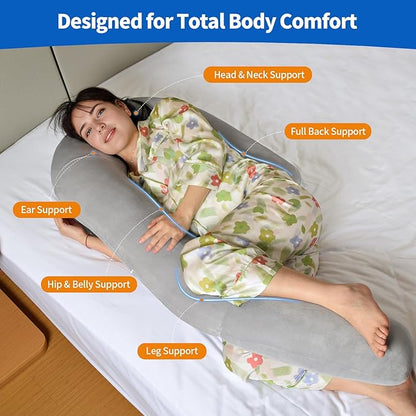 Pozico U-Shaped Full Body Pillow for Side Sleepers – 51-Inch Cooling Pregnancy Pillow with Ear Piercing Design for Neck, Back, and Hip Support – Removable Washable Cover Space-Saving Design