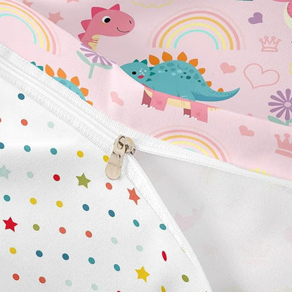 Lovely Dino Duvet Cover Set King Size,Cute Rainbow Floral Love Heart Reversible Quilt Cover with 2 Pillowcases,Pink Blue Dinosaur Kawaii Animal Microfiber Comforter Cover (Not Comforter)