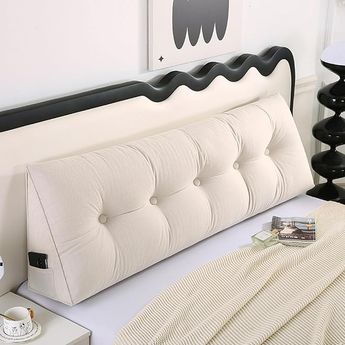 SAMTY Husband headboard Pillow Large Back Rest Support Reading Pillows for Sitting in Bed for Adults Triangle Velvet Wedge Pillow headboard King Size, Beige