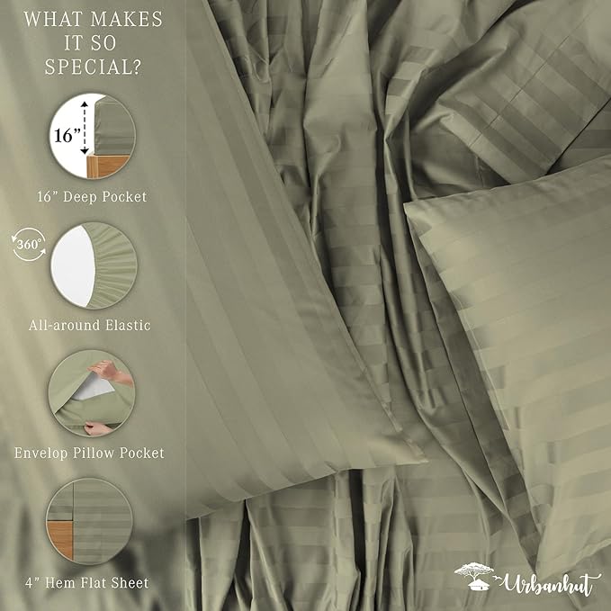 URBANHUT 1000 Thread Count Damask Striped Full Size Egyptian Cotton Sheets, Long Staple Soft & Breathable, 4 Pc Bed Sheet Sets, Luxury Hotel Sateen Finish Sheets Fits 16" Deep Pocket - Sage
