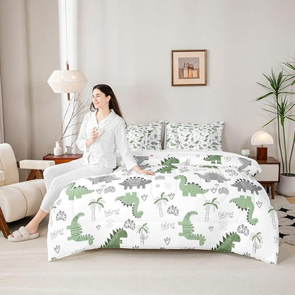 Feelyou Cute Dinosaur 7 Piece Bedding Set Green Grey Dinosaur Comforter Set with Sheets for Kids Boys Girls Nutrue Palm Tree Bed in a Bag Animal Theme Bed Set Soft Lightweight