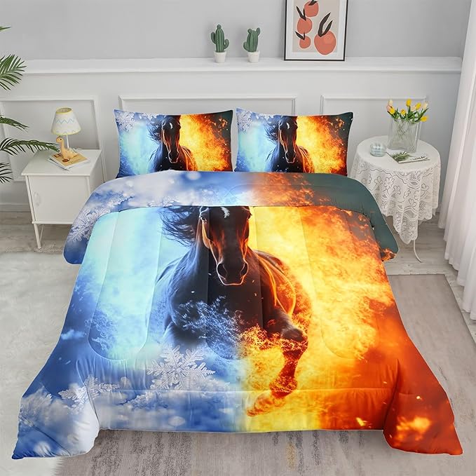3D Horse Comforter Set Fire Ice Printed Bedding Set with 1 Comforter and 2 Pillowcases for Boys and Girls Bedroom All Season(Horse Queen)