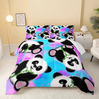 QOOMO Panda Comforter Queen Size,Neon Panda Comforter Set for Kids Teens Girls Boys,3Pcs Bedding Set Printed Comforter with 2 Pillowcases,Down Alternative,Soft and Lightweight，Queen Size
