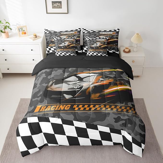 Feelyou Orange Racing Car 7 Piece Bedding Set King Size Kids Boys Speed Race Car Comforter Set with Sheets for Teens Toddler Extreme Sports Bed in a Bag Camouflage Bed Set