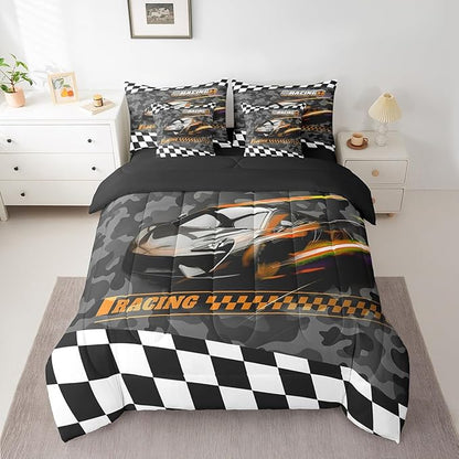 Feelyou Orange Racing Car 7 Piece Bedding Set Queen Size Kids Boys Speed Race Car Comforter Set with Sheets for Teens Toddler Extreme Sports Bed in a Bag Camouflage Bed Set