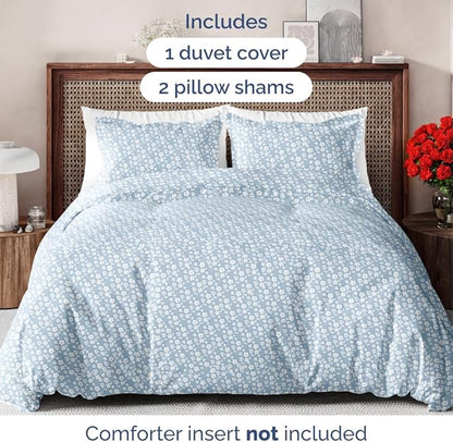 Duvet Cover Full Size Set - Extra Soft Floral Duvet Cover 80 x 90 with 2 Pillow Shams - Comfy, Cozy, Breathable Floral Bedding Set - Hotel Luxury & Fade Free with Zipper Closures & Ties - Blue Meadow