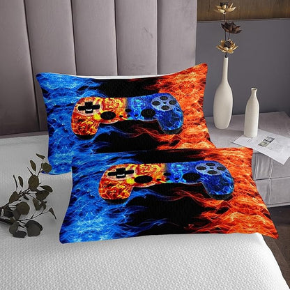 Erosebridal Boys Gamer Room Decor,Smog Wolf Gamepad Bedspread King Size,Boys Video Games Coverlet Set,Young Man Misty Fire and Water Gaming Quilted Games Bedroom Decor