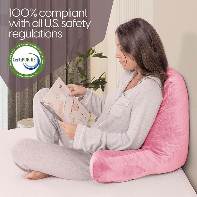 Milliard Reading Pillow with Arms, Pink, Cozy Shredded Memory Foam Back Pillow for Bed Sitting Up - Sit Up Backrest Support for Reading & Rest Bed - Washable Cover, Adjustable Comfort, CertiPUR