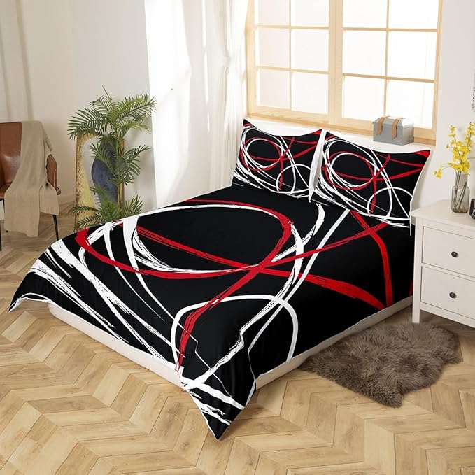 Black Abstract Spiral Duvet Cover Set Queen Size, Stripes Modern Red Black White Bedding Set with 2 Pillowcases, Art Geometric Circle Quilt Cover for Kids Boys Polyester Comforter Cover (No Comforter)
