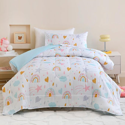 Twin Comforter Set for Kids, Boys, Girls, 4 Pieces Bed-in-a-Bag Bedding Set, All Season Ultra Soft Sheets Set with Comforter, Rainbow Sky
