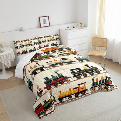 Erosebridal Vintage Train Comforter Set Retro Steam Engine Bedding Twin for Boys Girls Colorful Steam Locomotive Train Bedding Set, Transportation Vehicle Train Duvet Insert with 1 Pillowcase