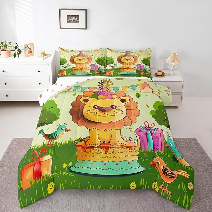 Cartoon Lion Bedding Set Full Size Happy Birthday Theme Comforter for Child Teens Cute Birds Animal Down Comforter Funny Fairy Tale Duvet Insert with 2 Pillowcases
