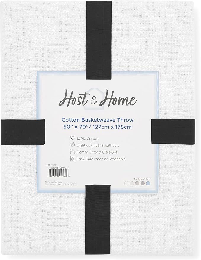 Arkwright Basket Weave Throw Blanket - 100% Ringspun Cotton All Season Throws, Luxury Hotel Quality, Soft on Skin, Breathable, 300 GSM for Bed, Sofa, and Chair, 50 X 70 in, White