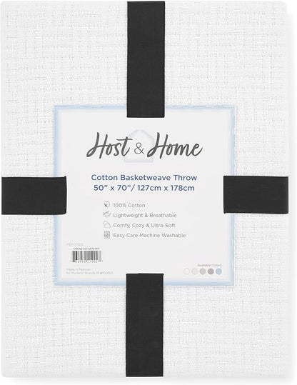 Arkwright Basket Weave Throw Blanket - 100% Ringspun Cotton All Season Throws, Luxury Hotel Quality, Soft on Skin, Breathable, 300 GSM for Bed, Sofa, and Chair, 50 X 70 in, White