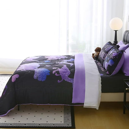 7 Piece Girls Dinosaur Comforter Set Twin Size Violet Dinonsaur Soft Microfiber Bed in A Bag with Comforter,Sheet Set,Pillowcase and Sham for Child Teens All Season