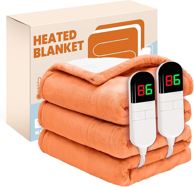 Electric Heated Blanket,Flannel & Sherpa Heated Queen Blanket 84"x90",Fast Heating Soft Fleece Blanket with 8 Heating Levels & 8H Auto Off-Orange
